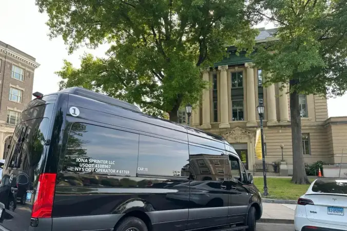 Rear view of licensed Sprinter van operated for NYC airport service